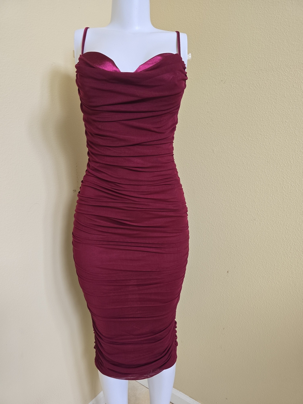Brand New!Ruched Spaghetti-Strap Midi Dress in Berry